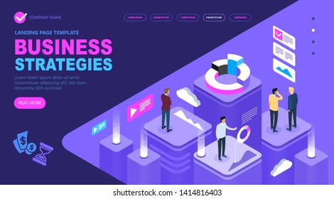 Business strategies Isometric Concept of site,  Business people working together and developing a successful business strategy, Vector illustration