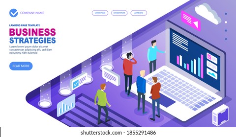 Business strategies Isometric Concept of site, Business people working together and developing a successful business strategy, Vector illustration