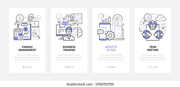 Business strategies - modern line design style web banners with copy space for text. Accounting, brainstorming, development. Finance management, training, benefits of SEO, team meeting carousel posts