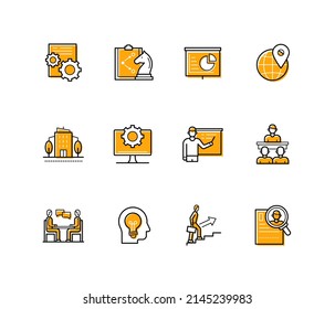 Business strategies - modern line design style icons set with editable stroke. Planning, gears, chart analysis, office building, idea, career advancement, conversation, planet, resume and recruiting