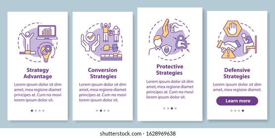 Business strategies onboarding mobile app page screen with concepts. Management. Marketing walkthrough 4 steps graphic instructions. UI vector template with RGB color illustrations