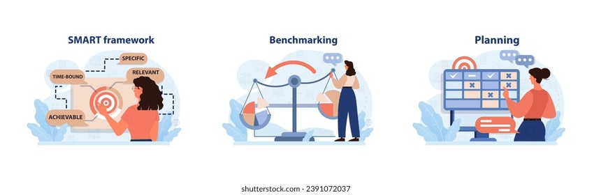 Business strategies set. Dive into SMART goals analyze with benchmarking tools, map out with clear planning. Women strategizing success. Goals, comparison, organization. Flat vector illustration