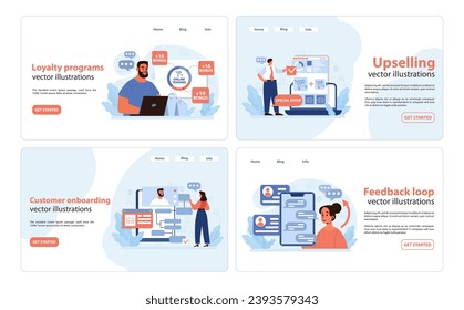 Business strategies set. Professionals exploring loyalty programs, initiating upselling tactics, streamlining customer onboarding, managing feedback loops. Effective client engagement. Flat vector.