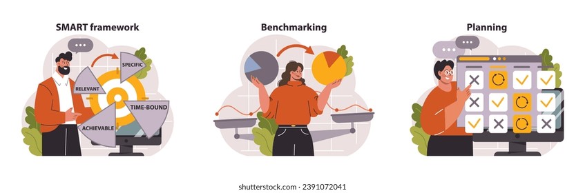 Business Strategies set. SMART framework visuals, benchmarking metrics, and goal-oriented planning. Achieving objectives, measuring performance, task prioritization. Flat vector illustration.