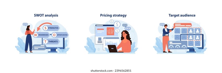 Business strategies set. Woman analyzes strengths and weaknesses, determining pricing strategies, and pinpointing target audience. Informed decisions, profitable results. Flat vector illustration