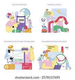 Business strategies in various scenarios are depicted in a colorful vector illustration. It covers cost optimization, financial crises, new technology implementation, and enhanced business efficiency