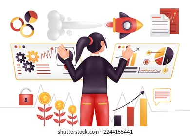 Business strategy. 3d illustration of woman making strategy for company progress, with rocket ornament