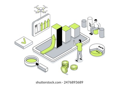 Business strategy 3d isometric concept in outline isometry design for web. People analyzing financial data, planning work tasks, achieving goals, developing success company. Vector illustration.