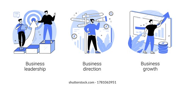 Business strategy abstract concept vector illustration set. Business leadership, direction and growth, goal achievement, planning, vision and setting goals, team investment abstract metaphor.