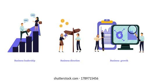 Business strategy abstract concept vector illustration set. Business leadership, direction and growth, goal achievement, planning, vision and setting goals, team investment abstract metaphor.
