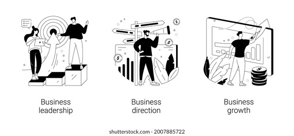 Business strategy abstract concept vector illustration set. Business leadership, direction and growth, goal achievement, planning, vision and setting goals, team investment abstract metaphor.