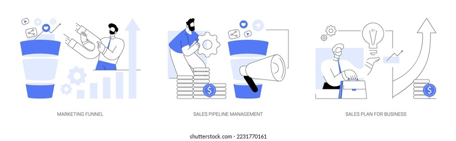 Business strategy abstract concept vector illustration set. Marketing funnel, sales pipeline management, commercial plan, profit forecast, CRM analysis, product cycle, advertising abstract metaphor.