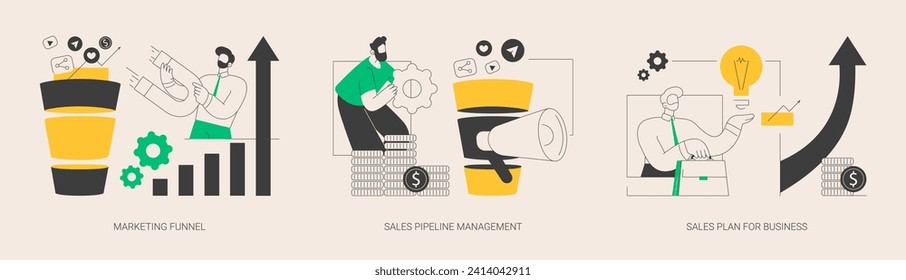 Business strategy abstract concept vector illustration set. Marketing funnel, sales pipeline management, commercial plan, profit forecast, CRM analysis, product cycle, advertising abstract metaphor.