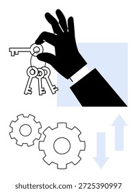 Estrategia empresarial, control de acceso, flujo de trabajo, seguridad, trabajo en equipo, innovación. Una mano que sostiene llaves, engranajes y flechas. Control de acceso y flujo de trabajo con símbolos para procesos y autoridad