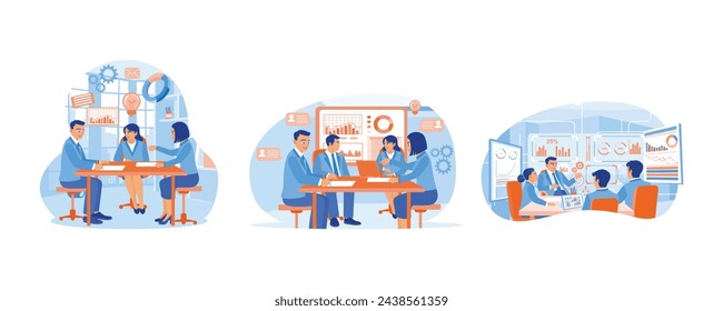 Business strategy to achieve targets. Business people are having a meeting in the boardroom. Analyze company financial and marketing data. Business Meeting concept. Set flat vector illustration.