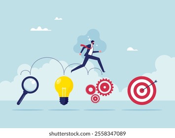 Business strategy and Action plan, control or business strategy management, businessman jumping towards the goal
