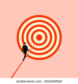 Business strategy or aiming concept with businessman goes straight to the target on the red line. Vector illustration