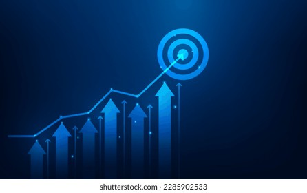 Unternehmensstrategie, die auf ein Ziel abzielt. Zielerreichung mit Pfeil-nach-oben-Grafik. Wachstum der Investitionsfinanzierung. Vektorgrafik fantastische Technologie.