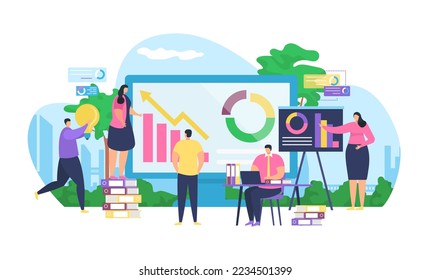 Business strategy analysis and marketing vector illustration. Businessman working with computer with financial strategic concept.