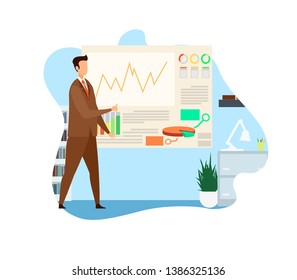 Business Strategy Analysis Vector Illustration. SEO, Data Analytics, Statistics, Metrics Conference. Employee Giving Presentation Cartoon Character. Broker, Marketer Analyzing Stock Market