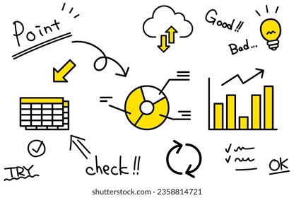 Business strategy, analytical graphs and handwritten text and arrows, Vector Illustration