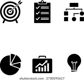 Conjunto de iconos de estrategia comercial y análisis con objetivo, lista de comprobación, diagrama de flujo, gráfico circular, crecimiento de datos y bombilla