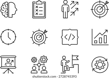 Business strategy and analytics line icon set with planning growth targets teamwork and hand drawn outline symbols
