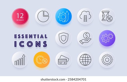 Business strategy and analytics set icon. Pie chart, productivity, cloud strategy, investment, financial security, data analysis, growth, protection, payment system, global business