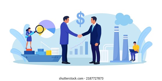 Business to Business Strategy, B2B. Businessmen Handshaking. Partnership and Agreement, Collaboration. Logistical Support, Global Distribution Service for Factory Production. Manufacturing Process