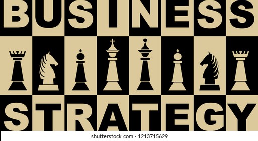 Business strategy banner in black and beige design with chess pieces, chessboard with inverse letters and chess pieces