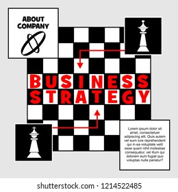 Business strategy banner. Chess metaphor with king figure and chessboard. Place for own text, company presentation. Red inscription Business strategy.
