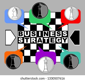 Business strategy banner. Chess metaphor with king, queen, rook and knight od chessboard. Chess pieces in multicolored speech bubbles. Inverse inscription Business strategy.