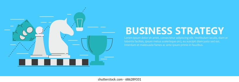 Business strategy banner with chessboard and figures, cup, money, schedule, lightbulb. Vector flat illustration