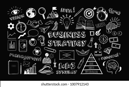 Business strategy. Big set of Business Icons. Vector hand drawn isolated objects. Sketch style