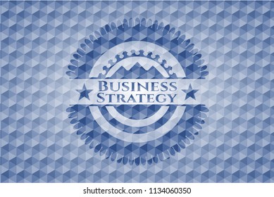 Business Strategy blue emblem with geometric pattern background.