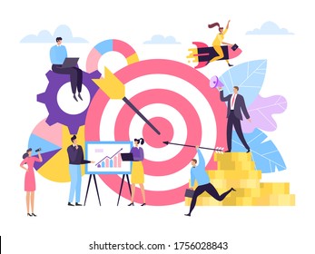 Business strategy, budget statistic for goal achievement, vector illustration. Man, woman character near large target with arrow, financial presentation and cartoon analytics work.