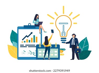 Business strategy. Businessman and women, his team looking for business plan concept. Brainstorming, finding a solution, an idea. Business strategy, calendar. Vector illustration of flat characters