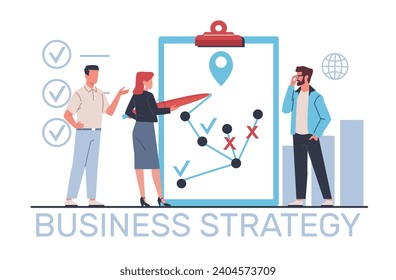 Business strategy, businessmen develop path for development of company. Team people planning, brainstorming employees, draw diagram and create infographics. Cartoon flat vector illustration