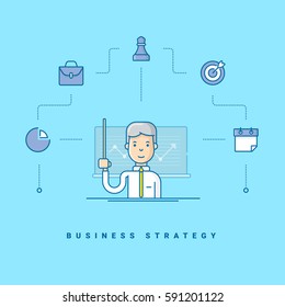 Business strategy. Cartoon character giving presentation. Vector illustration in blue with flat line icons