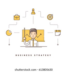 Business strategy. Cartoon character giving presentation. Vector illustration with flat line icons