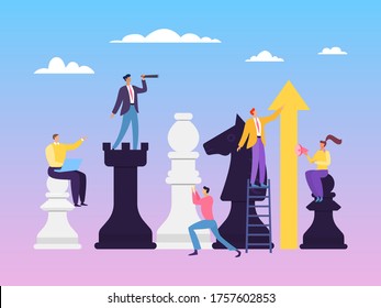 Business strategy chess concept vector illustration. Ability to work in team depends on clear and competent distribution roles, coordinator, controller, performer. Leader explain rules game group.