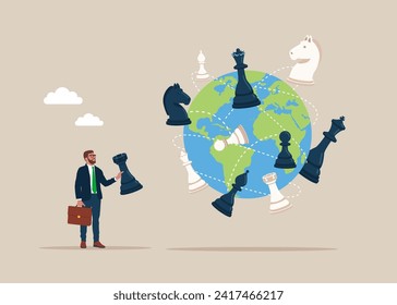 Business strategy. Chess figure black tower and fighting each other on world map across globe. Flat vector illustration