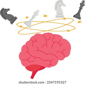 Estrategia empresarial. Figuras de ajedrez luchando entre sí en todo el cerebro. Ilustración vectorial plana

