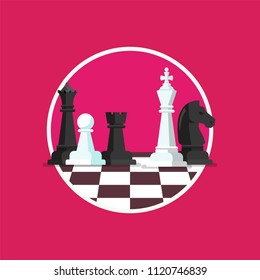 Business strategy with chess figures on a chess board. Flat design icon