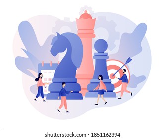 Business strategy. Chess game. Big chess pieces and tiny people work to data analysis, strategy planning and successful business. Modern flat cartoon style. Vector illustration on white background