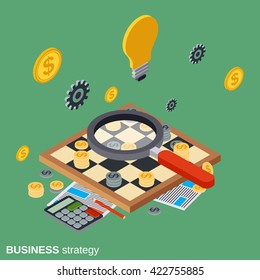 Business strategy, chess game, solution search, quest flat isometric vector concept illustration