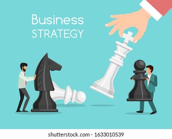 Business strategy chess playing concept. Business chessman competition vector illustration. Businessmen hold chess pieces as a symbol of rivalry