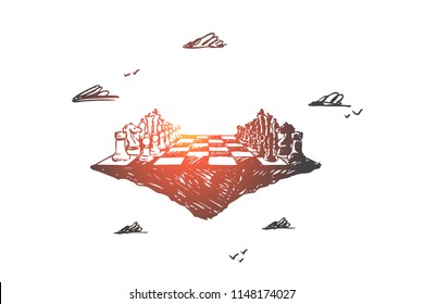 Business strategy, chess, tactics, competition, confrontation concept. Hand drawn chess board as symbol of real business concept sketch. Isolated vector illustration.