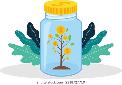 Business strategy with coins money and plants, watering money tree at pile of coins