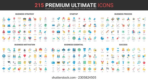 Business strategy color flat icons set vector illustration. Abstract symbols of success startup launch, business processes, vision and finance motivation simple design for mobile and web apps